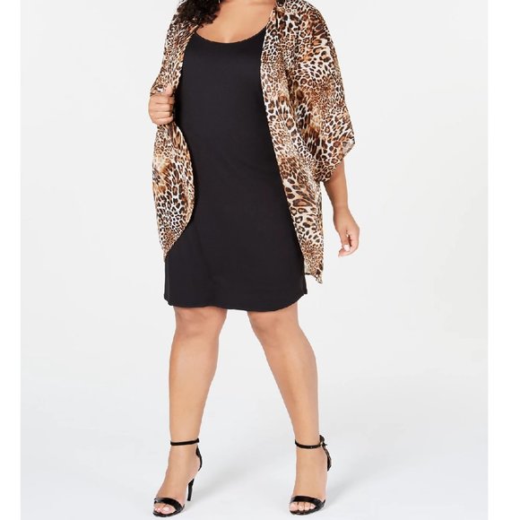 🎁Love Squared Trendy Plus Size Sheath Dress & Animal-Print Overlay